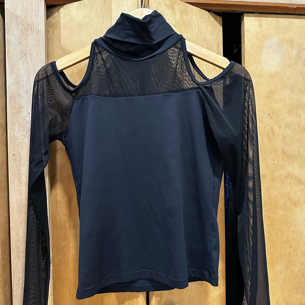 Black turtle neck with shoulder cut outs/mesh sleeves